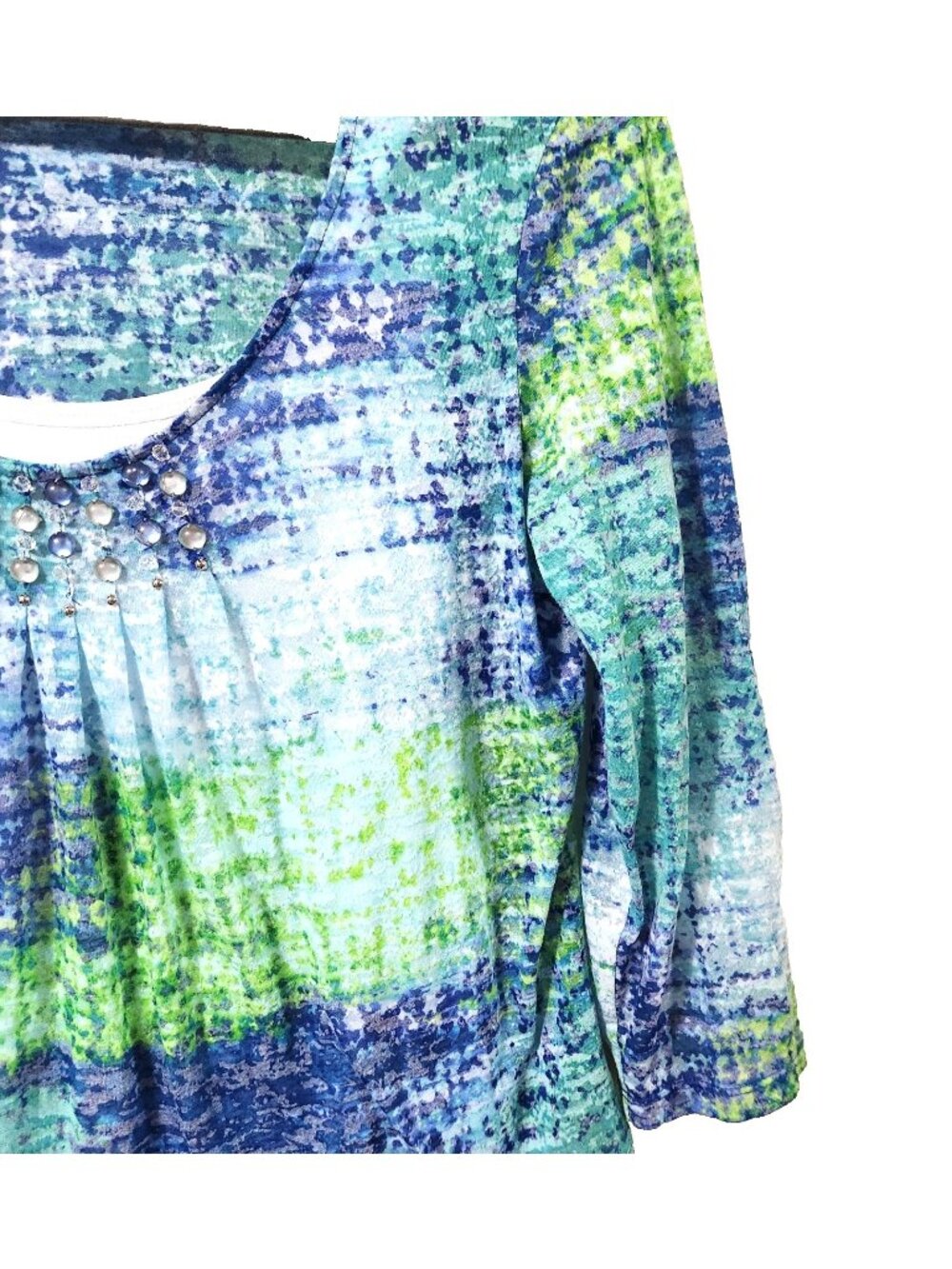 Hearts of Palm Embellished Watercolor Print Top Women's M Blue Green 3/4 Sleeve - Picture 4 of 13